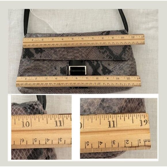 Faux Snakeskin Shoulder Bag Gray Black Patent Buckle Flap Y2K Style - Picture 8 of 13